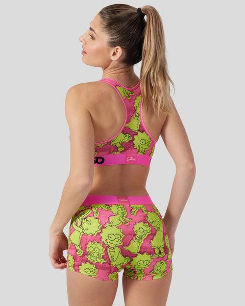 Pink and lime green sports bra and shorts set with Simpson Sisters character print.