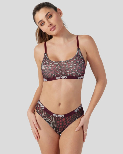 Burgundy mesh bralette and brief set with cheetah print pattern and PSD branding.