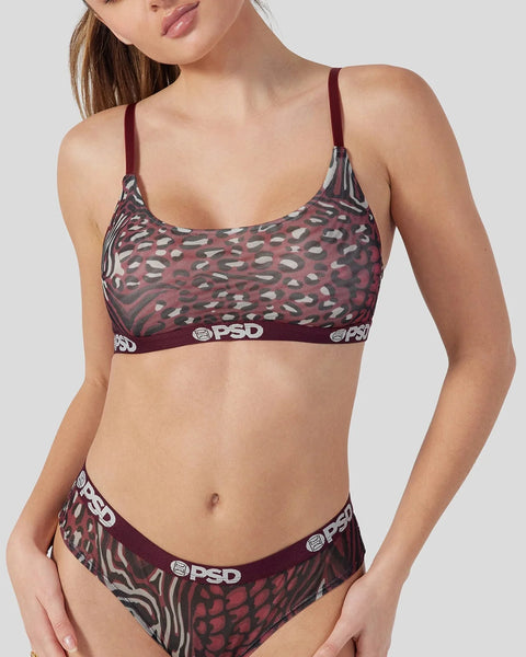 Burgundy cheetah print mesh bralette and briefs set with brand waistband and adjustable straps.