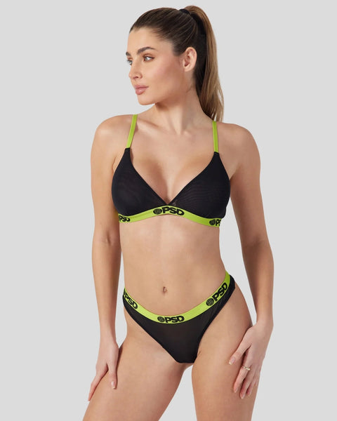 Black two-piece swimsuit with neon green trim and branded waistband straps.