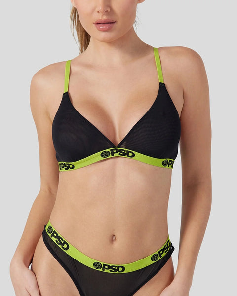 Black mesh bralette and brief set with neon green trim and straps.
