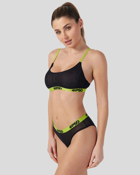Black mesh bra and brief set with neon yellow trim and branded waistband.