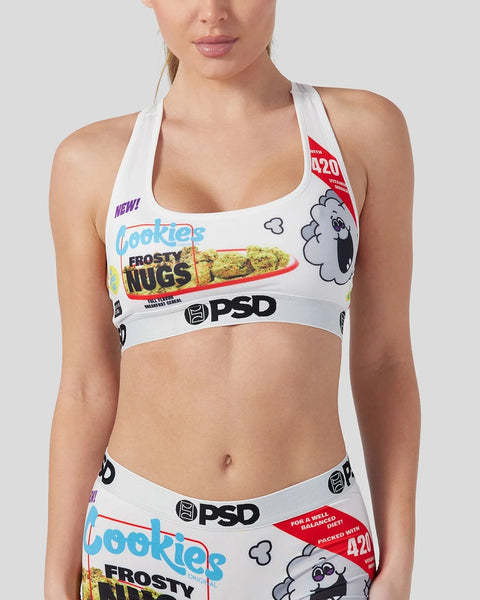 White sports bra and underwear set with Frosty Nugs cereal box graphic print and PSD branding.