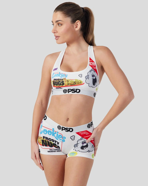 White sports bra and shorts set with Frosty Nugs cereal box graphics and PSD branding.