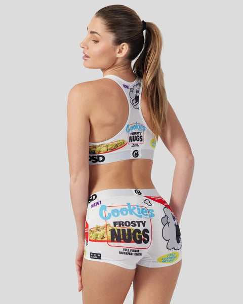 White sports bra and shorts set featuring Frosty Nugs cereal box graphics and branding.