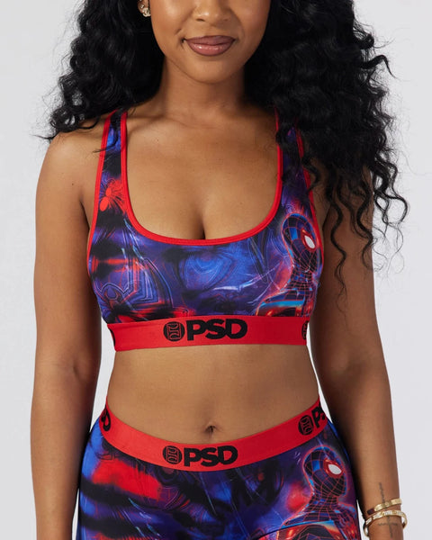 Women's sports bra with red and blue Miles Morales Spider-Man graphic print and red PSD waistband.