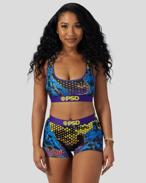 Black Panther sports bra and boy shorts set with blue and purple graphic print and PSD branding.