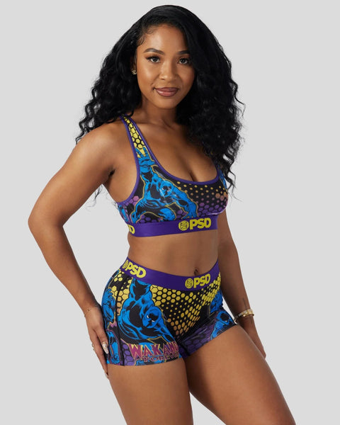 Black Panther-themed sports bra and shorts set with blue, purple, and yellow geometric and character print design.