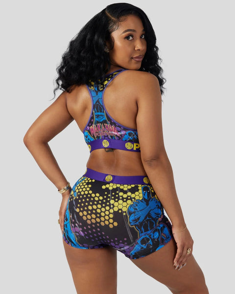 Black Panther-themed sports bra and shorts set with blue, purple, and yellow geometric patterns and graphic design.