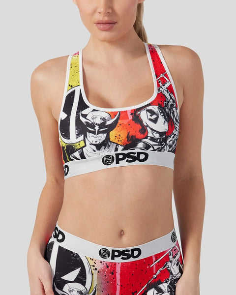 PSD sports bra with Deadpool and Wolverine character illustrations in red, black, and yellow, white waistband with logo.