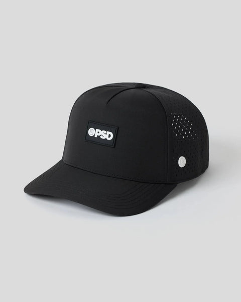 Black baseball cap with PSD logo patch on front and perforated mesh panel on side.