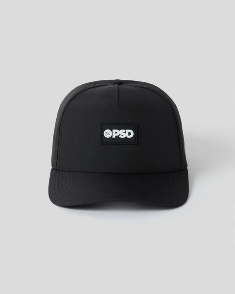 Black baseball cap with white PSD logo patch on front.