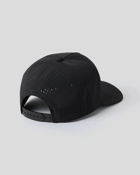 Black baseball cap with perforated mesh panels and adjustable snapback closure.