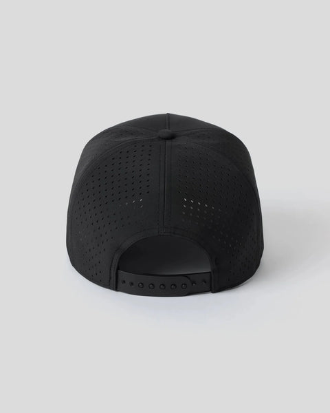 Black perforated baseball cap with snap back closure shown from rear view.