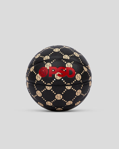 Black basketball with gold emblem pattern and red logo centered on front panel.