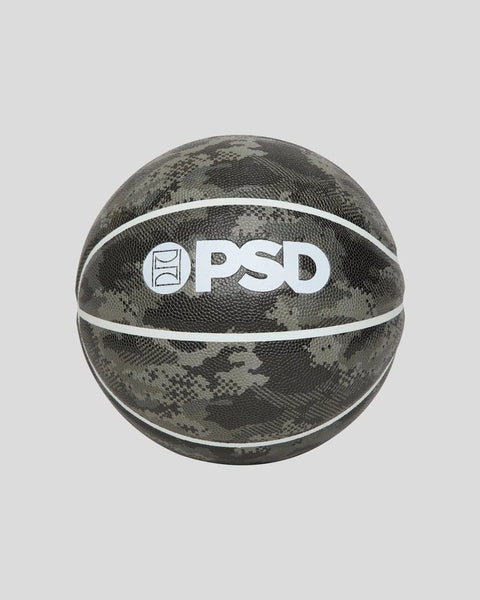 Black and gray camouflage basketball with white stripes and PSD logo.