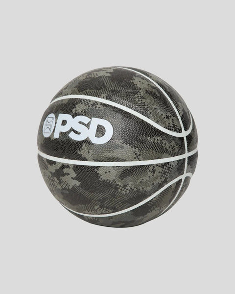 Black and gray camouflage basketball with white stripes and PSD branding.