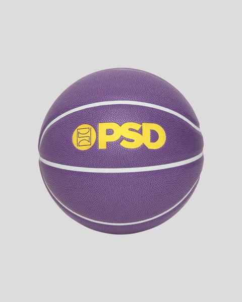 Purple basketball with white stripe detail and yellow PSD brand logo on center panel.
