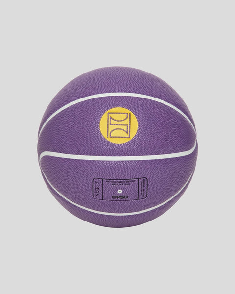 Purple basketball with white stripes and yellow circular logo on center panel.