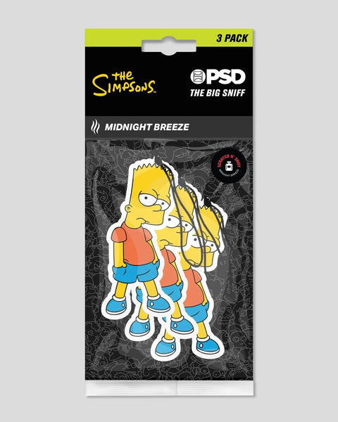 Three Simpsons air freshener cards featuring Bart Simpson character, Midnight Breeze scent.