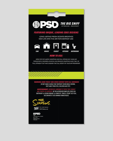 PSD "The Big Sniff" air freshener 3-pack with yellow and black packaging featuring Simpsons branding and usage instructions.