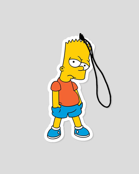 Yellow cartoon character wearing orange shirt and blue shorts with attached lanyard string.
