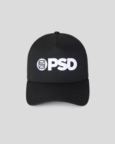 Black baseball cap with white PSD logo and icon embroidered on front.