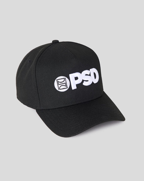 Black baseball cap with white PSD logo and circular icon on front panel.
