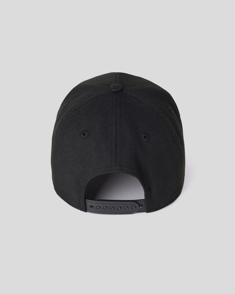 Black baseball cap with front panels, center crown seam, side eyelets, and snapback closure shown from back view.
