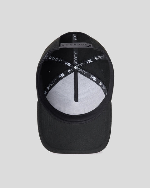Black baseball cap with interior view showing white lining, adjustable strap with branding, and New Era logo on back.