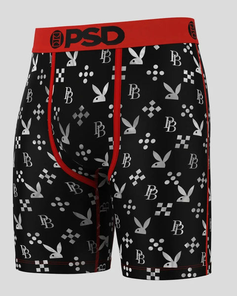 Black boxer briefs with white Playboy bunny and monogram print, red waistband with PSD logo, and red side seams.