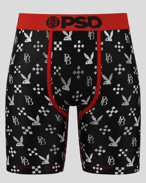 Black boxer briefs with red PSD waistband, featuring white Playboy bunny logos, 