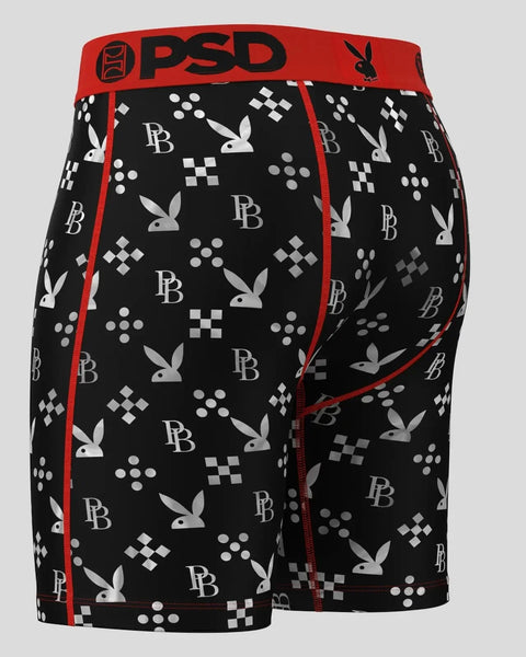 Black boxer briefs with red waistband featuring white Playboy bunny heads, geometric patterns, and 