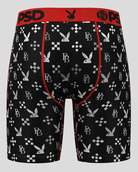 Black boxer briefs with red waistband featuring white Playboy bunny heads, 