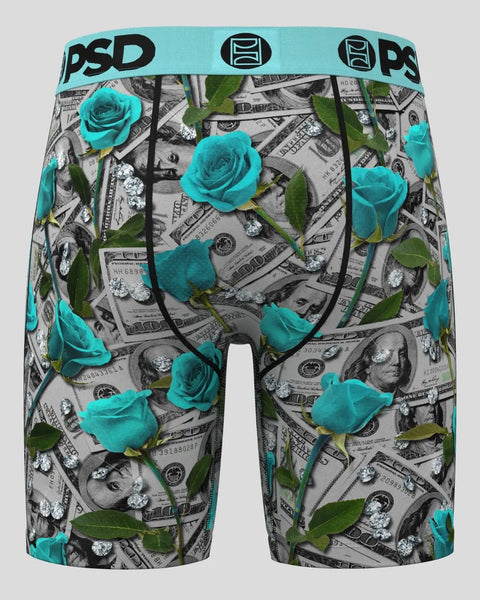 Teal boxer briefs with PSD waistband featuring teal roses, dollar bills, and diamonds on gray background.