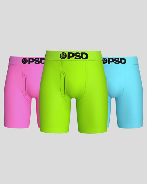 Three PSD boxer briefs in pink, lime green, and light blue with branded waistbands.