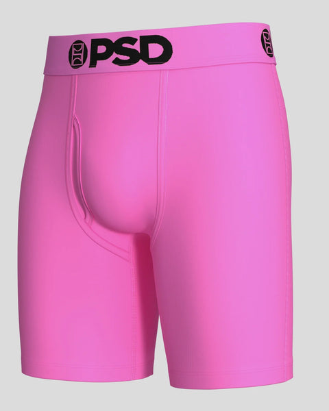 Pink modal shorts with black PSD waistband and logo.