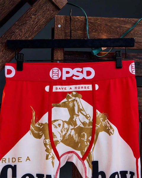 Red PSD underwear with gold cowboy graphic, 