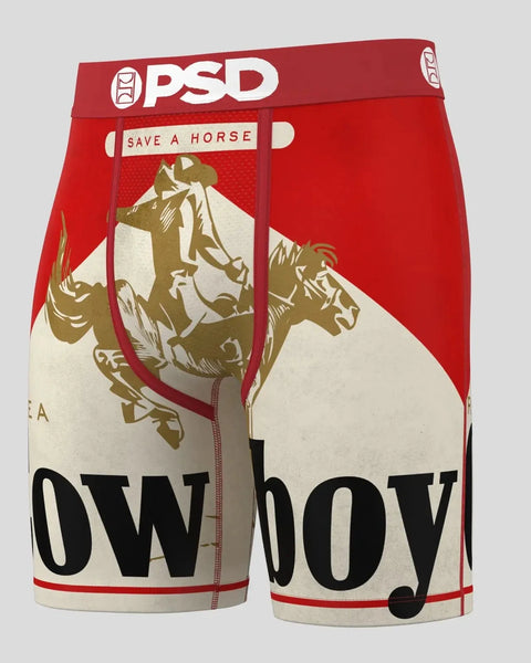 Red and cream PSD boxer briefs with "Save a Horse" text and cowboy on horseback graphic.