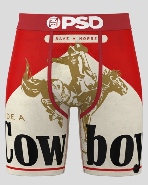 Red PSD boxer briefs with "Save a Horse" text and tan cowboy riding illustration on front.
