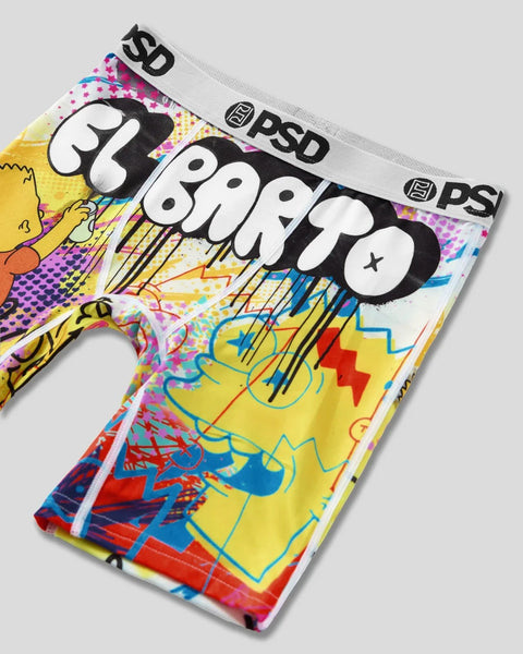 PSD Bart Casso boxer briefs with colorful pop art design featuring cartoon character and text graphics.