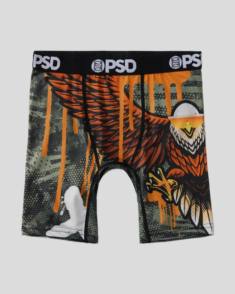 Men's boxer briefs with bald eagle design, orange and black drip pattern on gray background, PSD branded waistband.