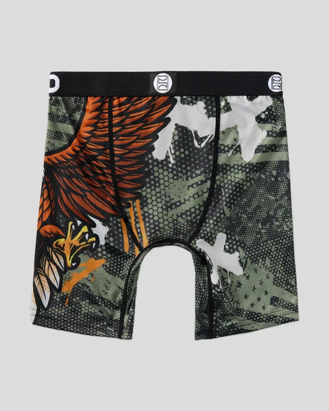 Boxer briefs with black waistband featuring orange eagle, green camouflage pattern, white stars, and dotted texture throughou