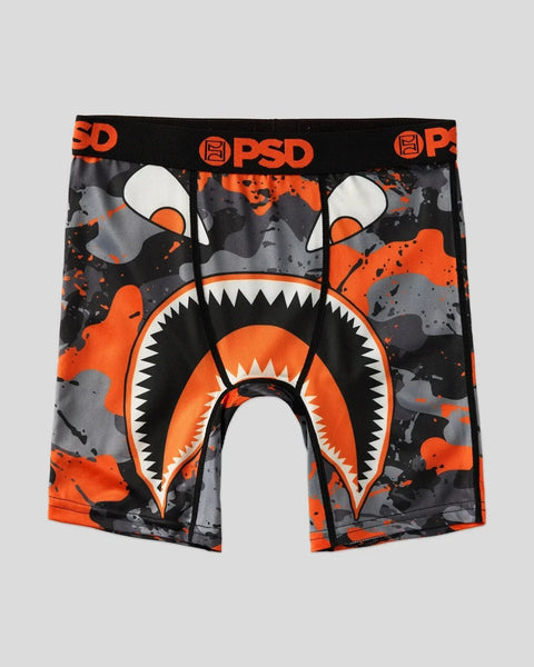 Black and orange camo boxer briefs with shark mouth design and PSD waistband.