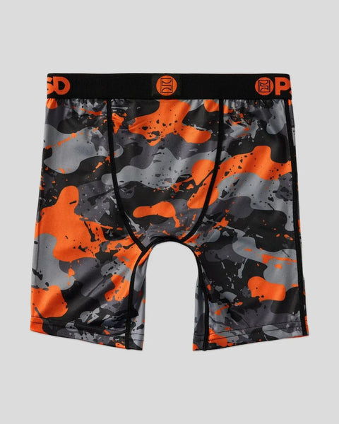 Men's boxer briefs with orange and black splatter camouflage pattern and black elastic waistband with logo.