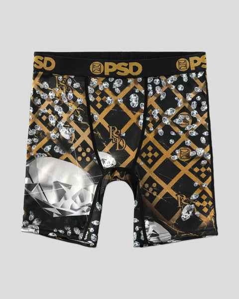 Black and gold geometric patterned boxer briefs with diamond print design and PSD branded waistband.