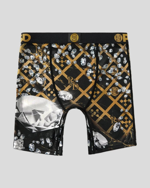 Black and gold diamond pattern boxer briefs with diamond and gem print and black waistband with gold logo.