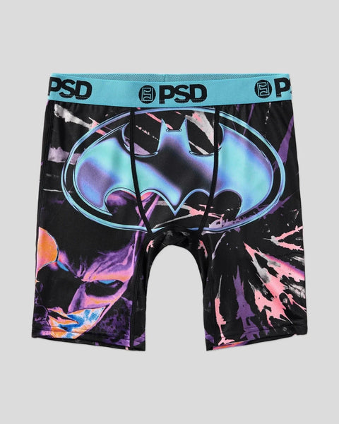Black boxer briefs with Batman logo in neon cyan, pink, and purple acid-wash design and turquoise PSD waistband.