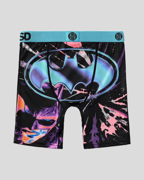 Black boxer briefs with Batman logo in neon blue, pink, and purple acid wash style print on front.
