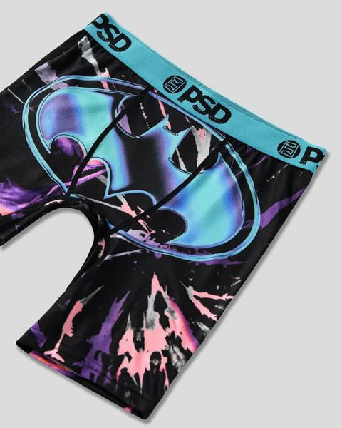 Black and turquoise Batman boxer briefs with neon purple and pink acid-wash design and PSD waistband.